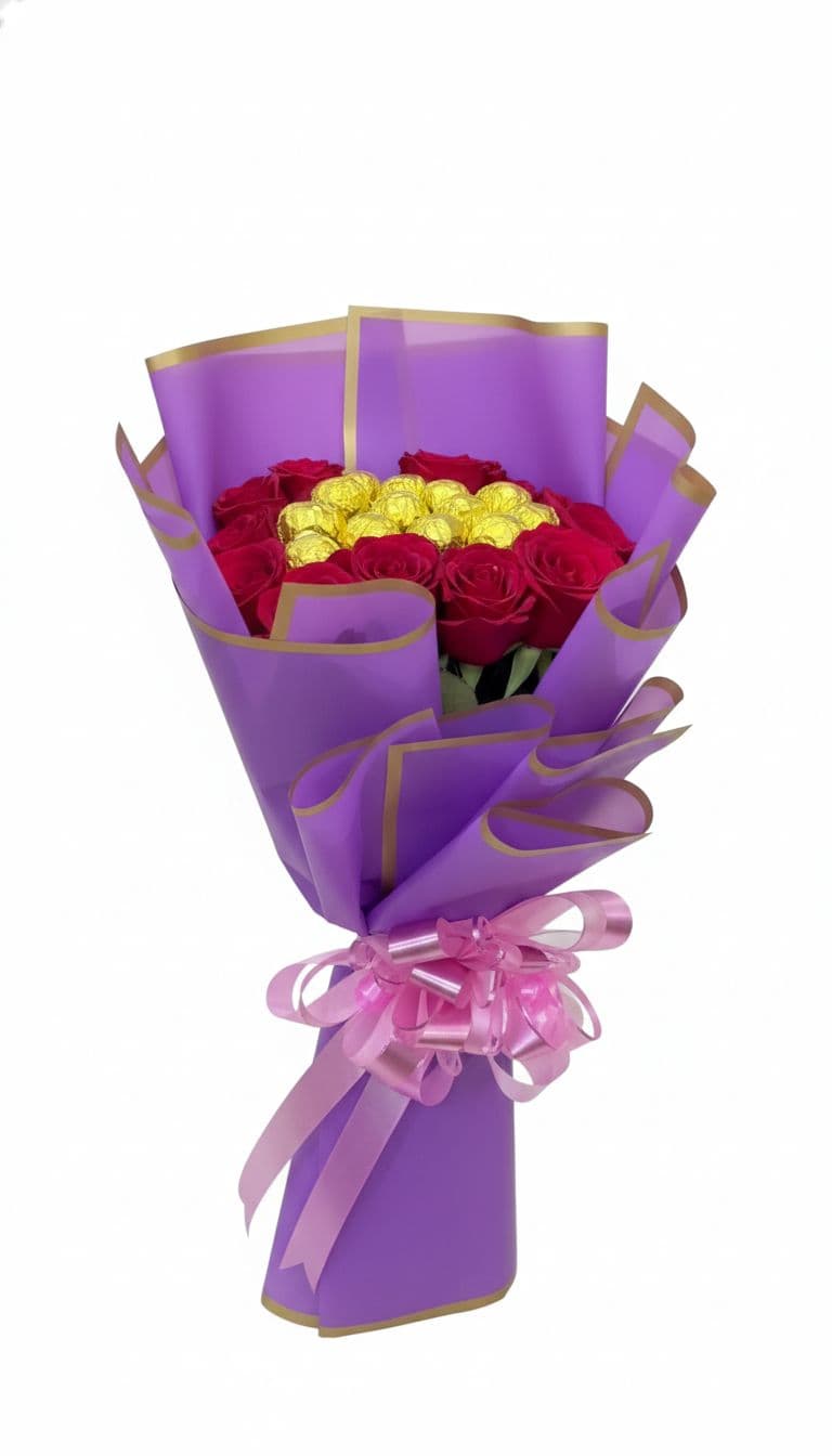 💜🌹 Golden Heart Rose & Chocolate Bouquet